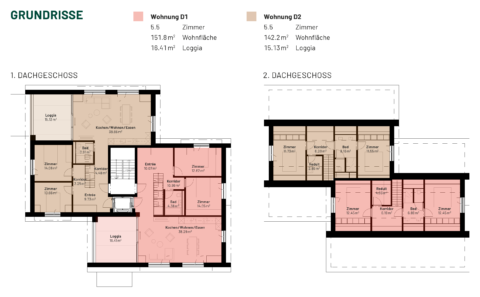 Grundrisse 1. und 2. Dachgeschoss: Wohnung D1 rosa, Wohnung D2 beige