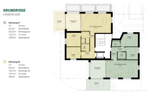 Grundriss Erdgeschoss: Wohnung E1 grün, Wohnung E2 gelb