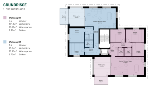 Grundriss 1. Obergeschoss: Wohnung O1 violett, Wohnung O2 blau