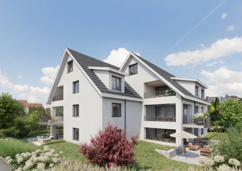 Im Felix 23: Visualisierung des Mehrfamilienhauses mit Satteldächern, Balkonen und Garten